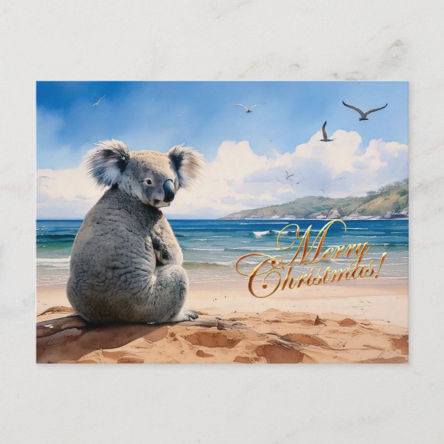 Cartão Postal Koala em uma praia arenosa Feliz Natal (Frente)