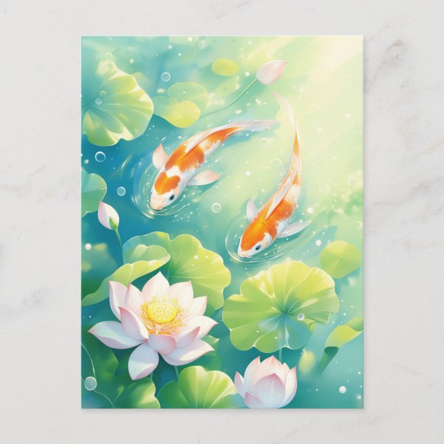 Cartão Postal Koi Fish Swimming in Pink Lotus Flower Pond (Frente)