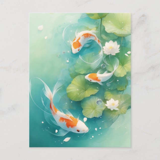 Cartão Postal Koi Fish Swimming in Turquoise Lotus Pond (Frente)