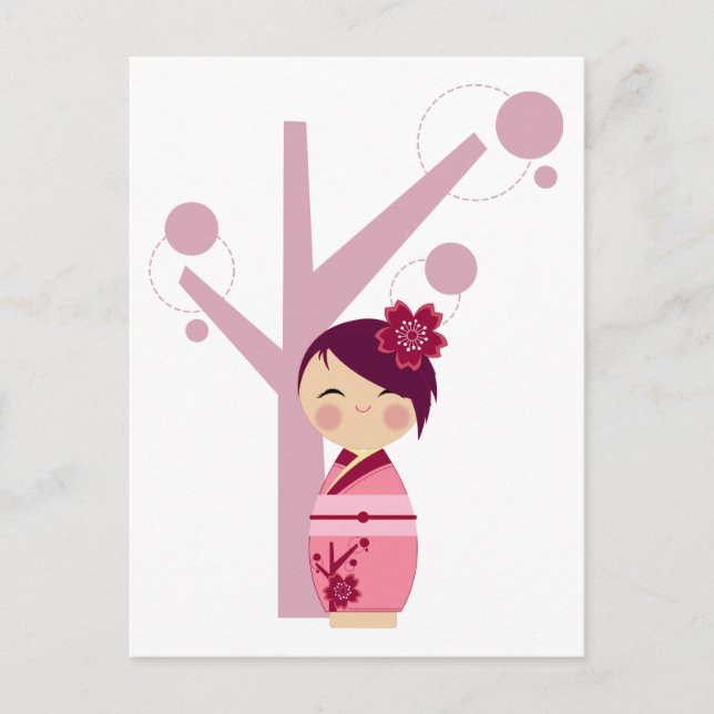 Cartão postal Kokeshi Sakura e Cherry Tree (Frente)