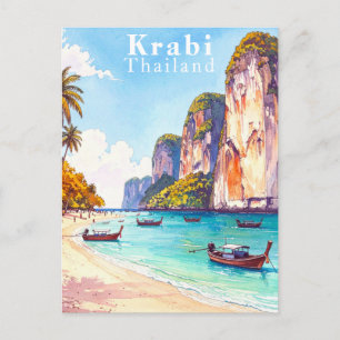 Cartão Postal Krabi Tailândia Clássico Penhascos e Barcos Longta