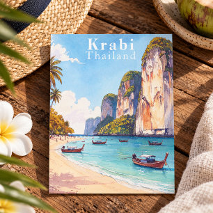 Cartão Postal Krabi Tailândia Cliffs e Barcos Longtail Vintage