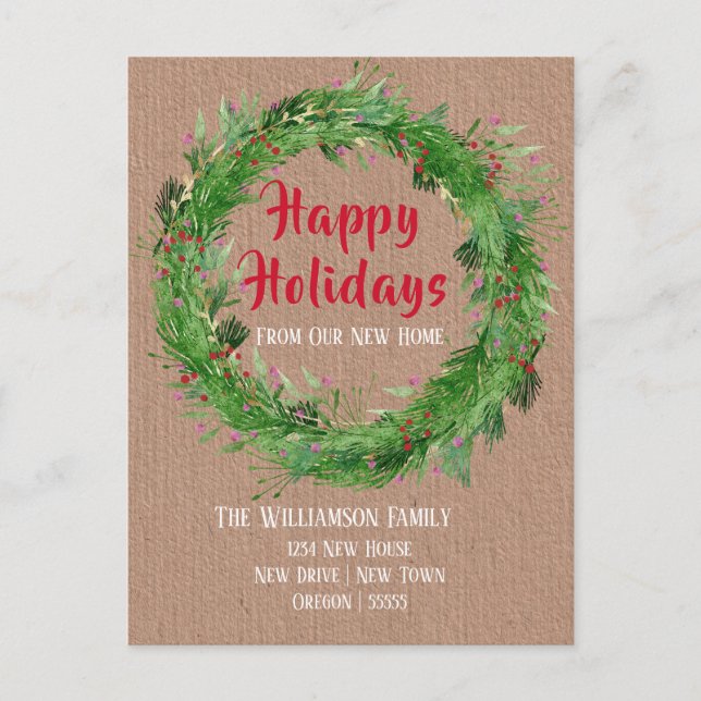 Cartão Postal Kraft Paper Winter Greenery New Home Happy Holiday (Frente)