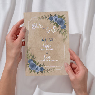 Cartão Postal Kraft Rustic Blue Floral Weding Date