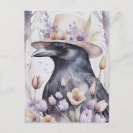 Cartão Postal Krähe mit Hut im Frühling mit Blumen Watercolor