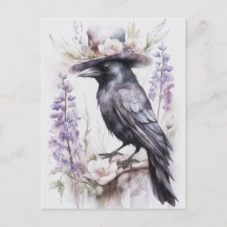 Cartão Postal Krähe Rabe Crow mit Hut und Blumen Watercolor