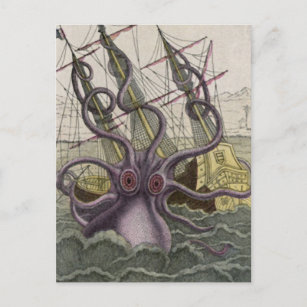 Cartão Postal Kraken/Octopus Comendo Um Navio Pirata, Cor