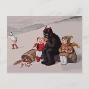 Cartão Postal Krampus Brincando com Crianças na Neve