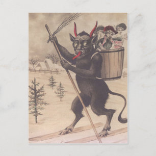 Cartão Postal Krampus Esquiando Seqüestrando Mulheres