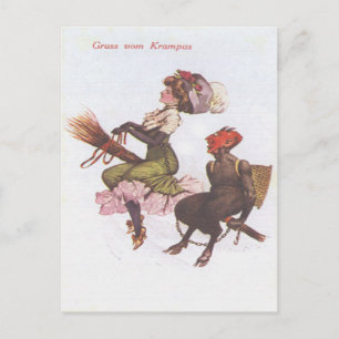 Cartão Postal Krampus na vassoura com mulher