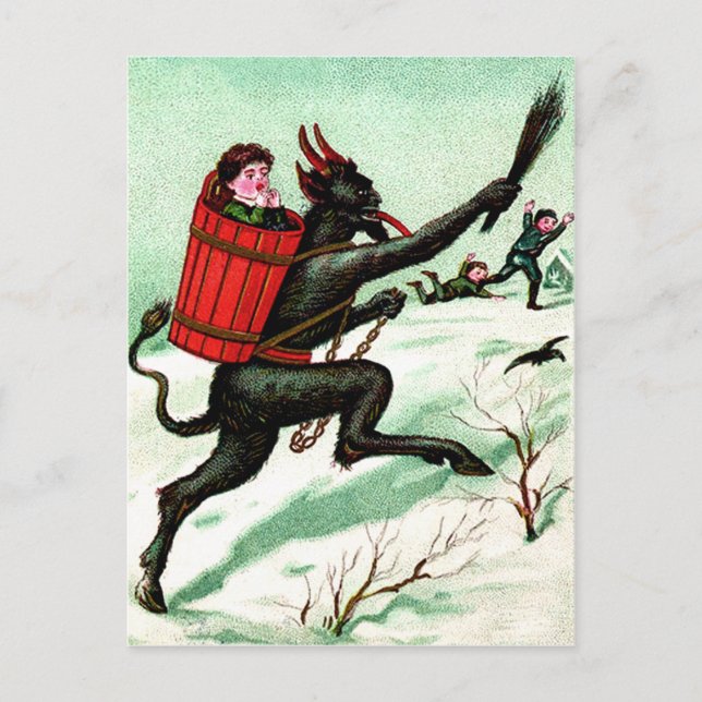 Cartão Postal Krampus Perseguindo Crianças Más Inverno Neve (Frente)