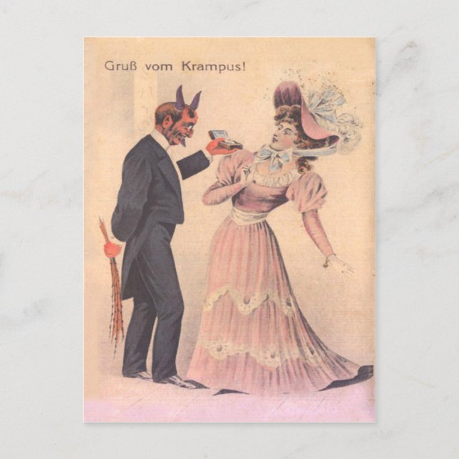 Cartão Postal Krampus Propondo Casamento à Mulher (Frente)