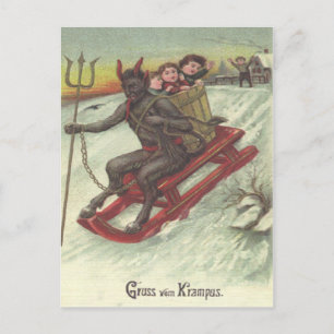 Cartão Postal Krampus sequestrando crianças no trenó