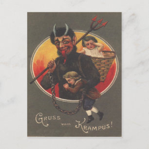 Cartão Postal Krampus sequestrando menino e menina