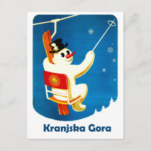 Cartão Postal Kranjska Gora, Eslovênia, boneco de neve no Ski L