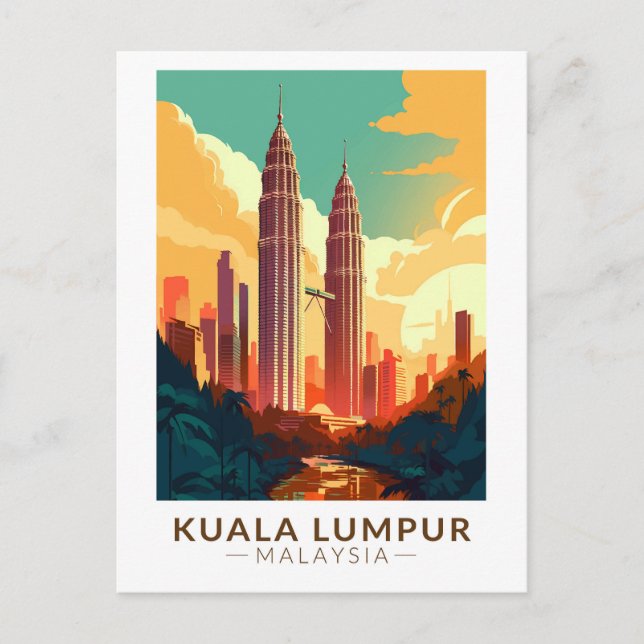 Cartão Postal Kuala Lumpur Malásia Viagem Arte Vintage (Frente)