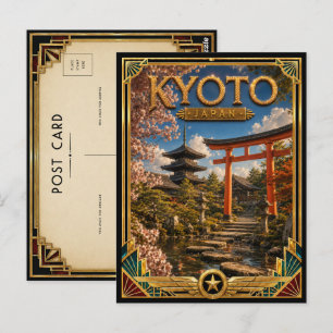 Cartão Postal Kyoto Japão Temple e Santuário Vintage Art Déco