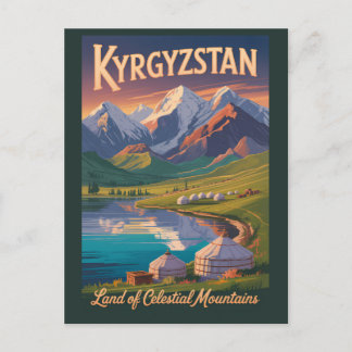 Cartão Postal Kyrgyzstan Mountains Illustration Travel Art Vinta