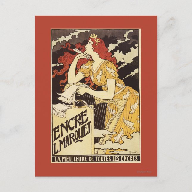 Cartão Postal L. Marquet Tinta Mulher Ruiva & Harpa (Frente)