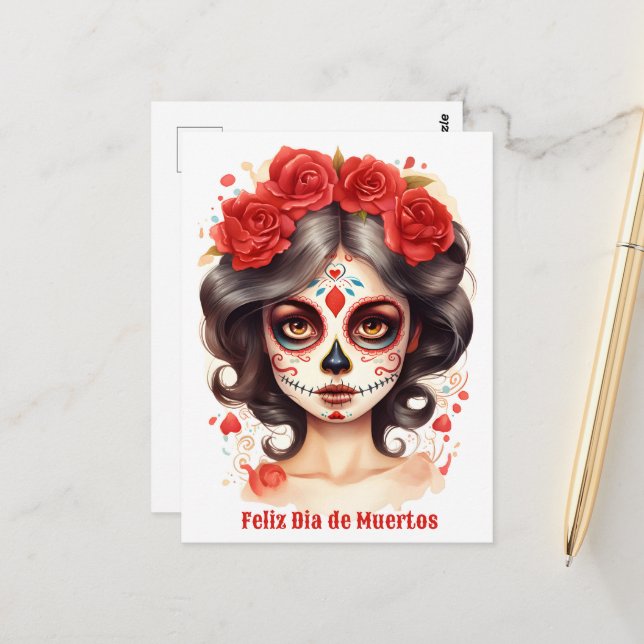Cartão Postal La Calavera Catarina 💀 en Flores Rojas 🌹 (Frente/Verso In Situ)