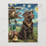 Cartão Postal Laboratório de Chocolate Steampunk Van Gogh<br><div class="desc">Um laboratório de Chocolate a vapor e patos com a noite estrelada por Van Gogh ao fundo</div>