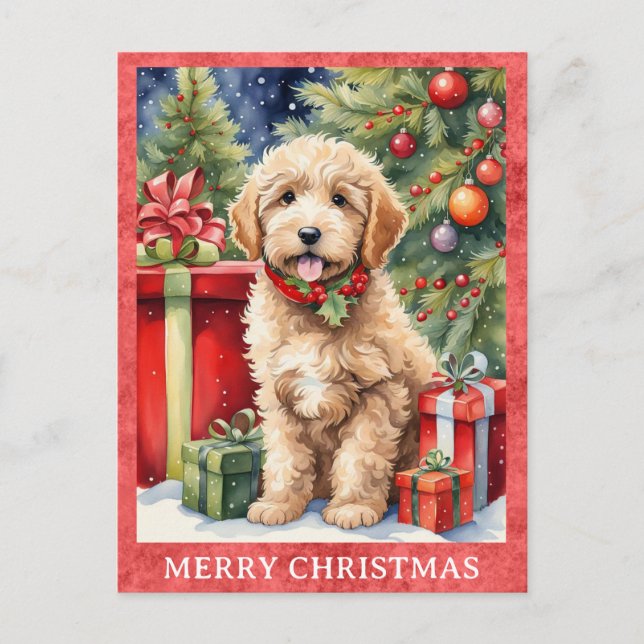 Cartão Postal Labradoodle Felry Christmas Puppy Dog (Frente)