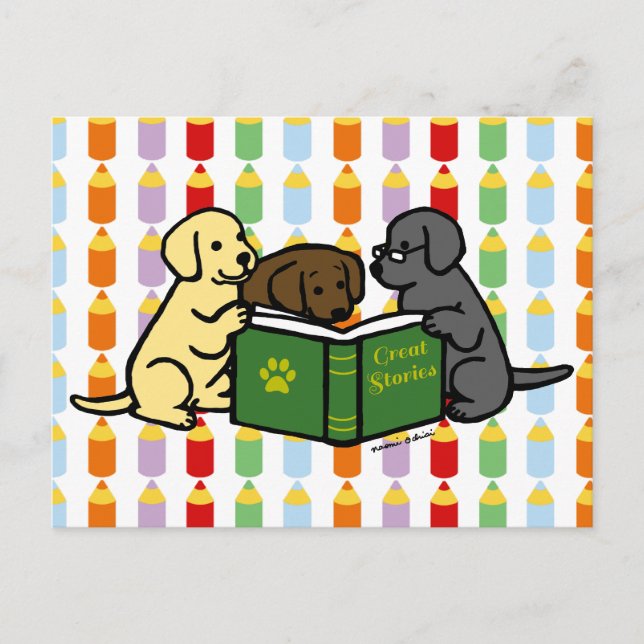 Cartão Postal Labrador Puppies Lendo Cartoon (Frente)
