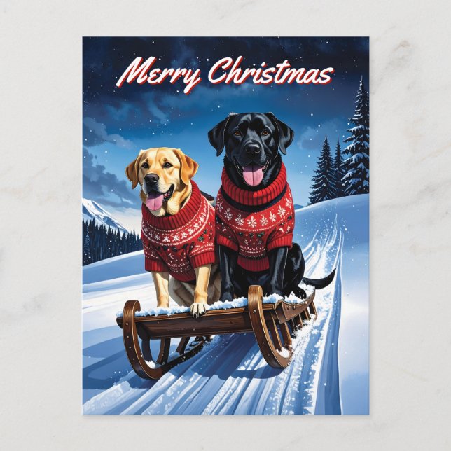 Cartão Postal Labradores Sled Ride Christmas (Frente)