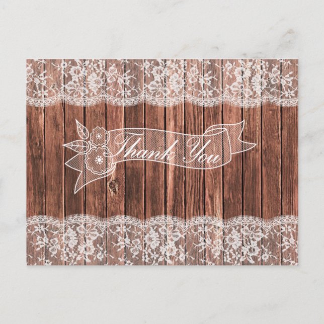 Cartão Postal Lace e Barn Wood Rustic Country Obrigado (Frente)