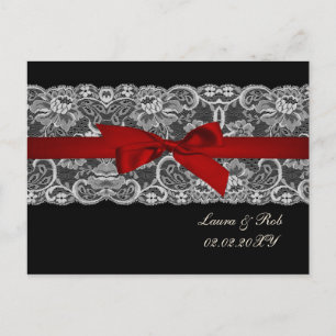 Cartão Postal Lace e fita vermelha, casamento preto Obrigado