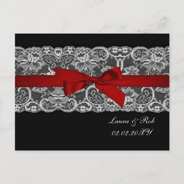 Cartão Postal Lace e fita vermelha, casamento preto Obrigado (Frente)