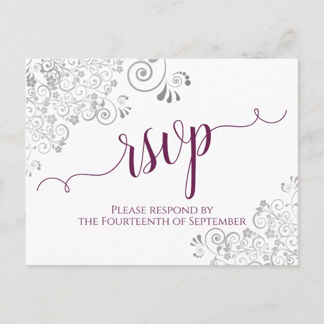 Cartão Postal Lacy Calliographic Magenta & White Wedding RSVP (Frente)