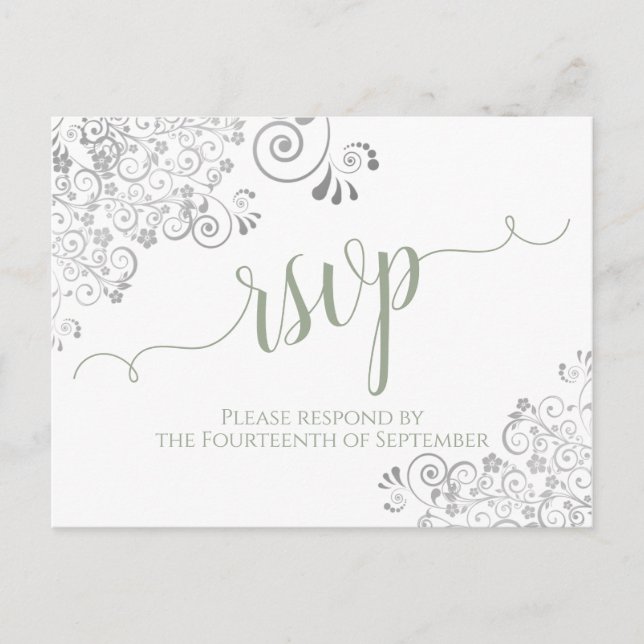 Cartão Postal Lacy Calliographic Sage Green White Weding RSVP (Frente)