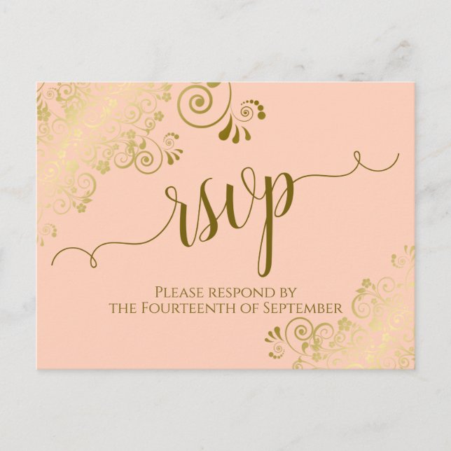 Cartão Postal Lacy Dourada Calliographic Coral Peach Wedding RSV (Frente)