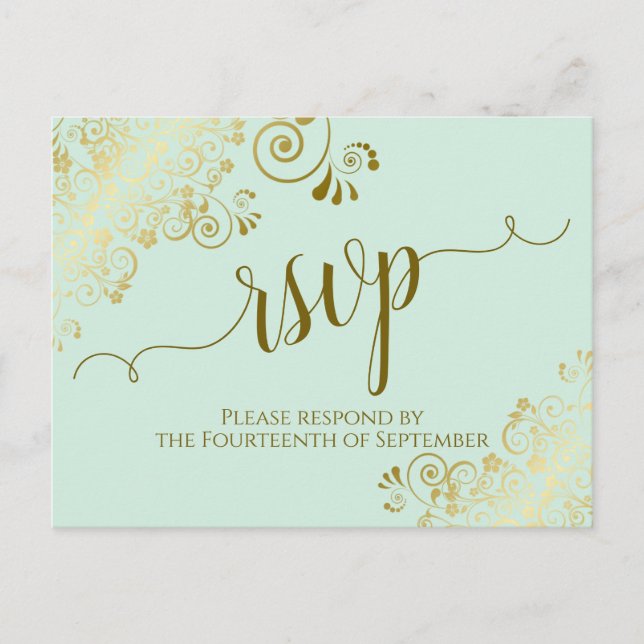 Cartão Postal Lacy Dourado Calliographic Pale Mint Green Wedding (Frente)