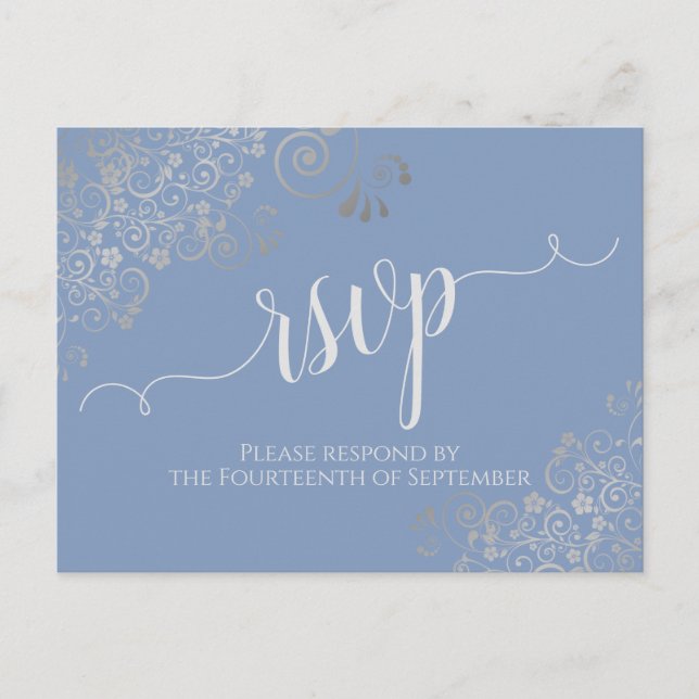 Cartão Postal Lacy Silver Calliographic Light Blue Weding RSVP (Frente)