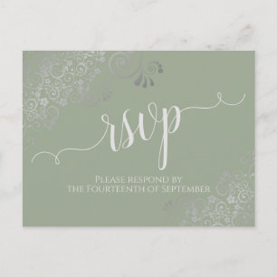 Cartão Postal Lacy Silver Calliographic Sage Green Wedding RSVP