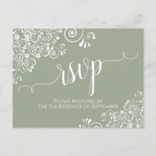 Cartão Postal Lacy White Calliographic no Sage Green Wedding RSV