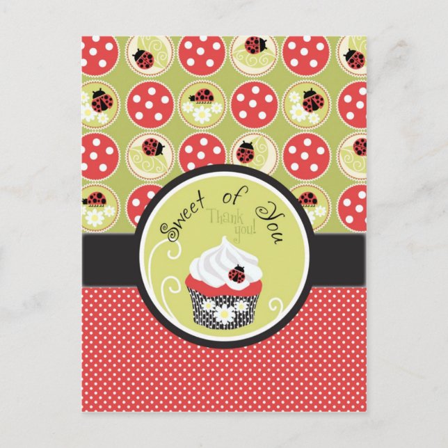 Cartão Postal Lady Bug e Cupcake Obrigado (Frente)