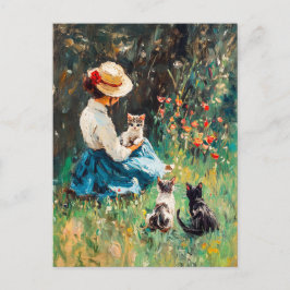 Cartão Postal Lady com chapéu brincando com Kittens na grama