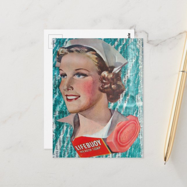 Cartão Postal Lady Nurse with health soap from 1930s era collage (Frente/Verso In Situ)