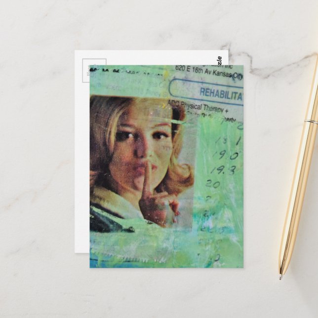 Cartão Postal Lady says quiet Mixed Media Collage (Frente/Verso In Situ)