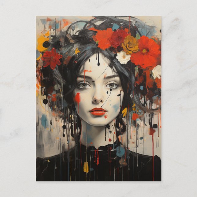 Cartão Postal Lady With Flowers in Your Hair Grunge Beauty (Frente)