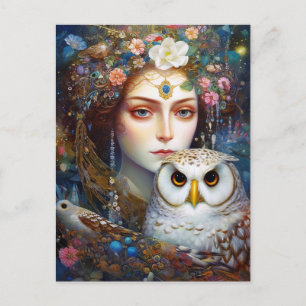 Cartão Postal Lady With Owl Surreal Fantasy Art