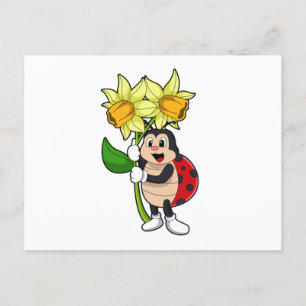 Cartão Postal Ladybug com Flor Daffodil