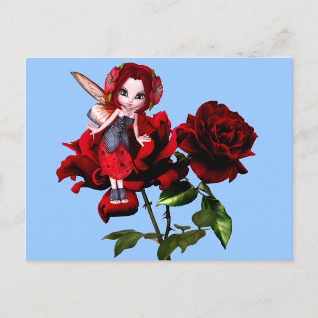 Cartão Postal Ladybug Fairy on Red Roses (Frente)
