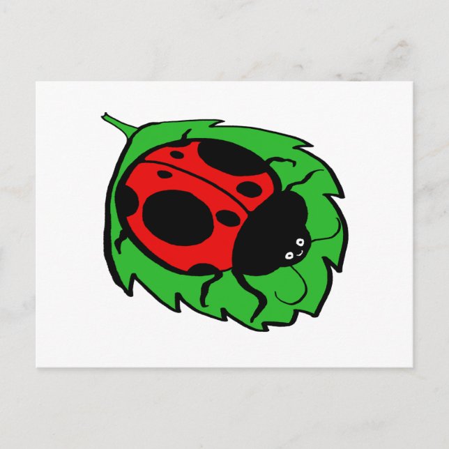 Cartão Postal Ladybug sorridente numa Folha Verde (Frente)