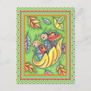 CARTÃO POSTAL LADYBUGS A CORRER EM FOLHAS DO OUTONO, INSETO DIVE