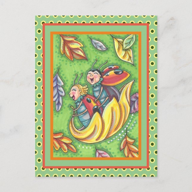 CARTÃO POSTAL LADYBUGS A CORRER EM FOLHAS DO OUTONO, INSETO DIVE (Frente)