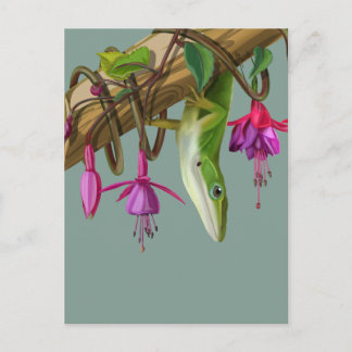 Cartão Postal Lagarto anole verde com fúcsias